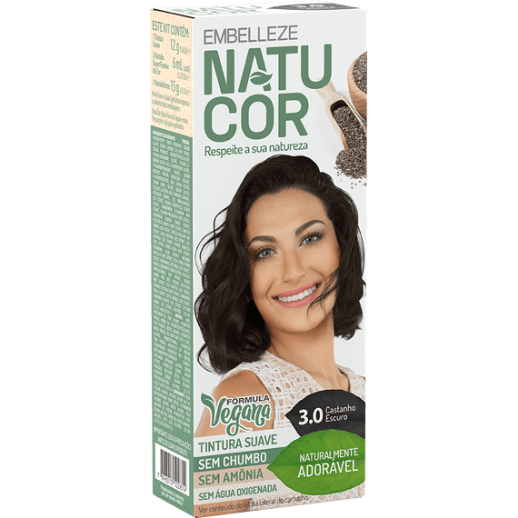 Tinta de Cabelo Natucor Naturalmente Adorável Castanho Escuro 3.0 Kit Completo KIT C