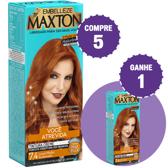 Kit Compre 5 Tinta de Cabelo Maxton Ruiva +Atrevida Louro Médio Acobreado 7.4 e Ganhe 1 U