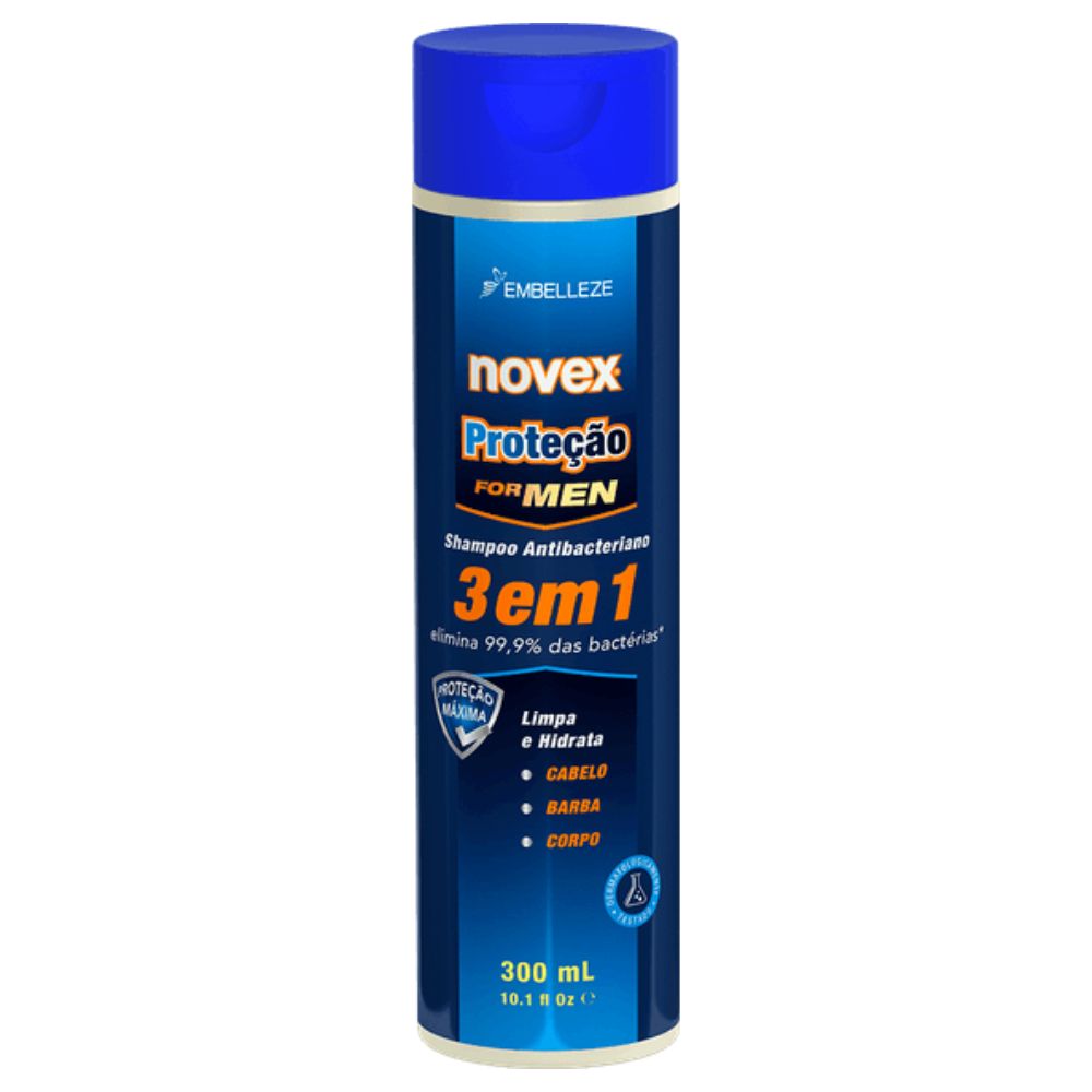 Shampoo Antibacteriano Novex Proteção For Men 3 em 1 Cabelo Barba Corpo 300ML