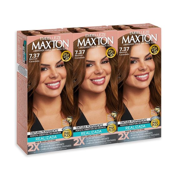 Kit 3 Tinta de cabelo Maxton Delícias Marrom Caramelo 7.37 Kit 3 Tinta de cabelo Maxton Delícias Marrom Caramelo 7.37